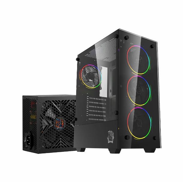 GABINETE RAPTOR SENTINEL 4FAN RGB + FUENTE 500W RAPTOR 80 PLUS BRONZE