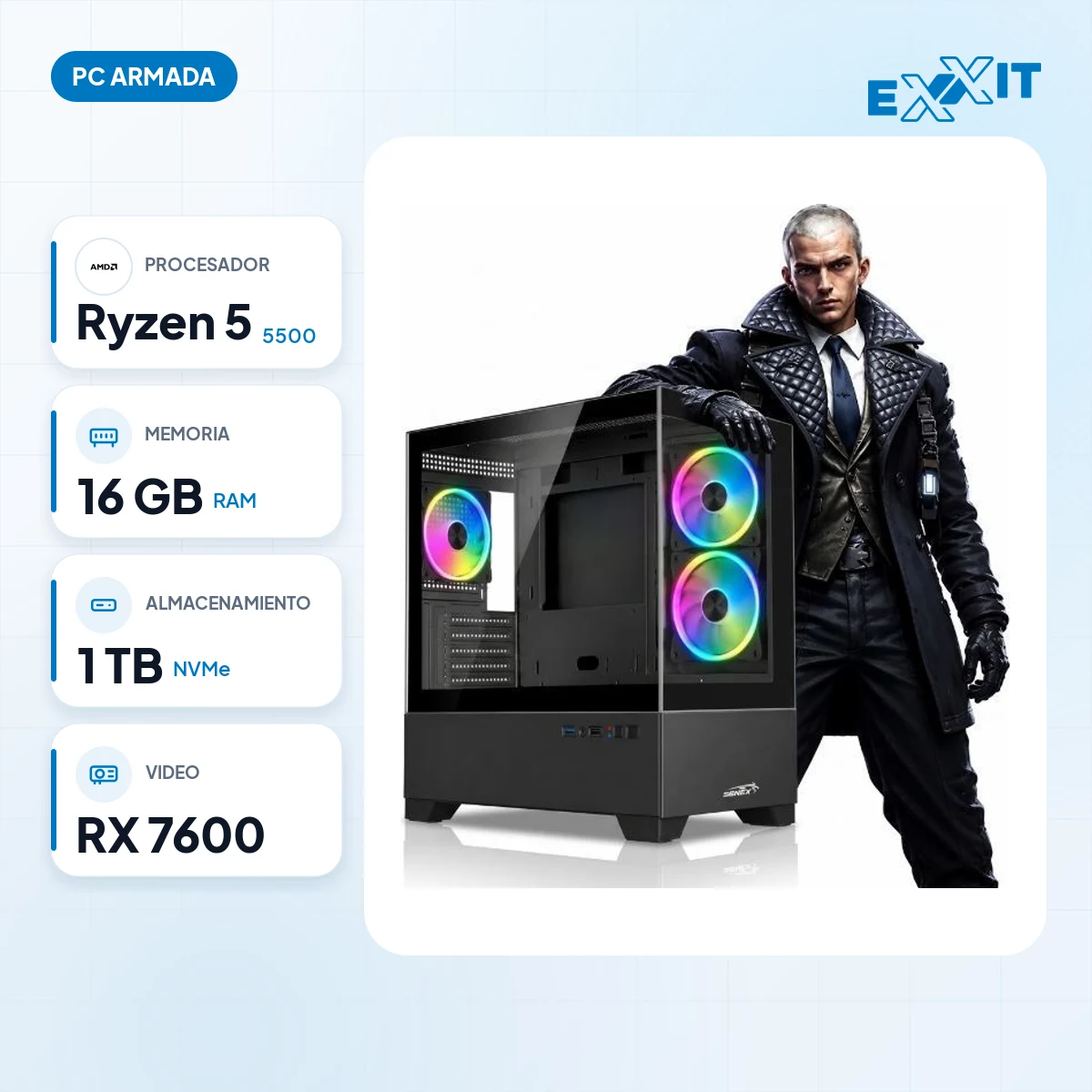 PC gamer AMD Ryzen 5 5500+A520+16GB+1TB M.2 nvme+radeon RX7600+GABINETE Sentey H30 3FAN+FUENTE 650W