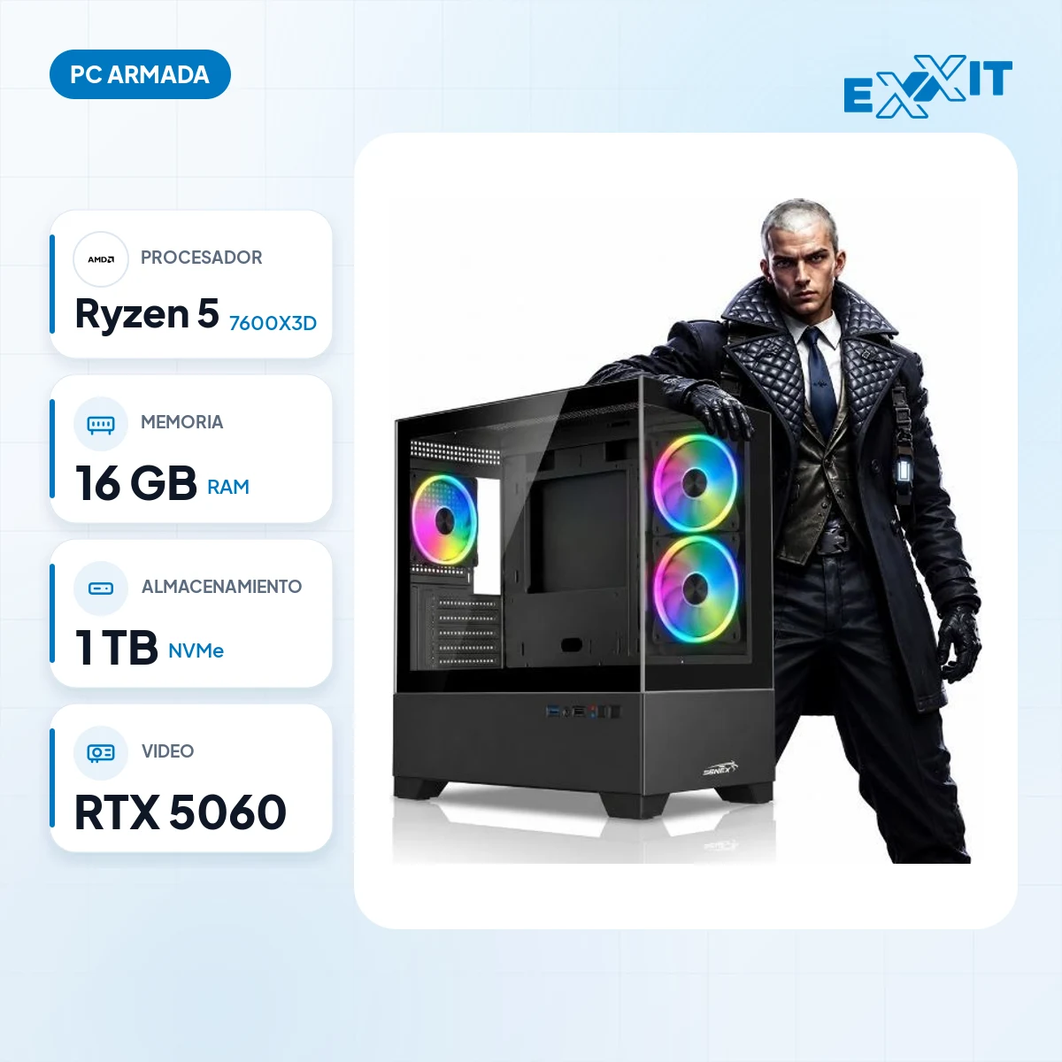 PC gamer AMD Ryzen 5 7600X3D+B650+16GB+1TB M.2 nvme+rtx 5060+GABINETE Sentey H30+FUENTE certificada