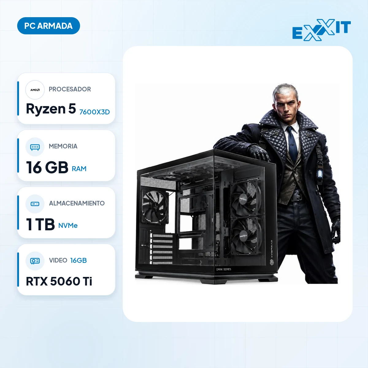PC gamer AMD Ryzen 5 7600X3D+A620+16GB+1TB nvme+rtx 5060TI 16GB+EVOLABS luma 6X+FUENTE certificada