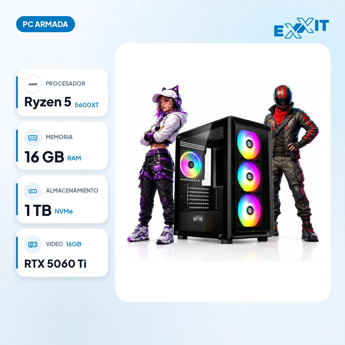 PC gamer AMD Ryzen 5 5600XT+B550+16GB+1TB M.2 nvme+rtx 5060TI 16GB+GABINETE raptor infinity glass