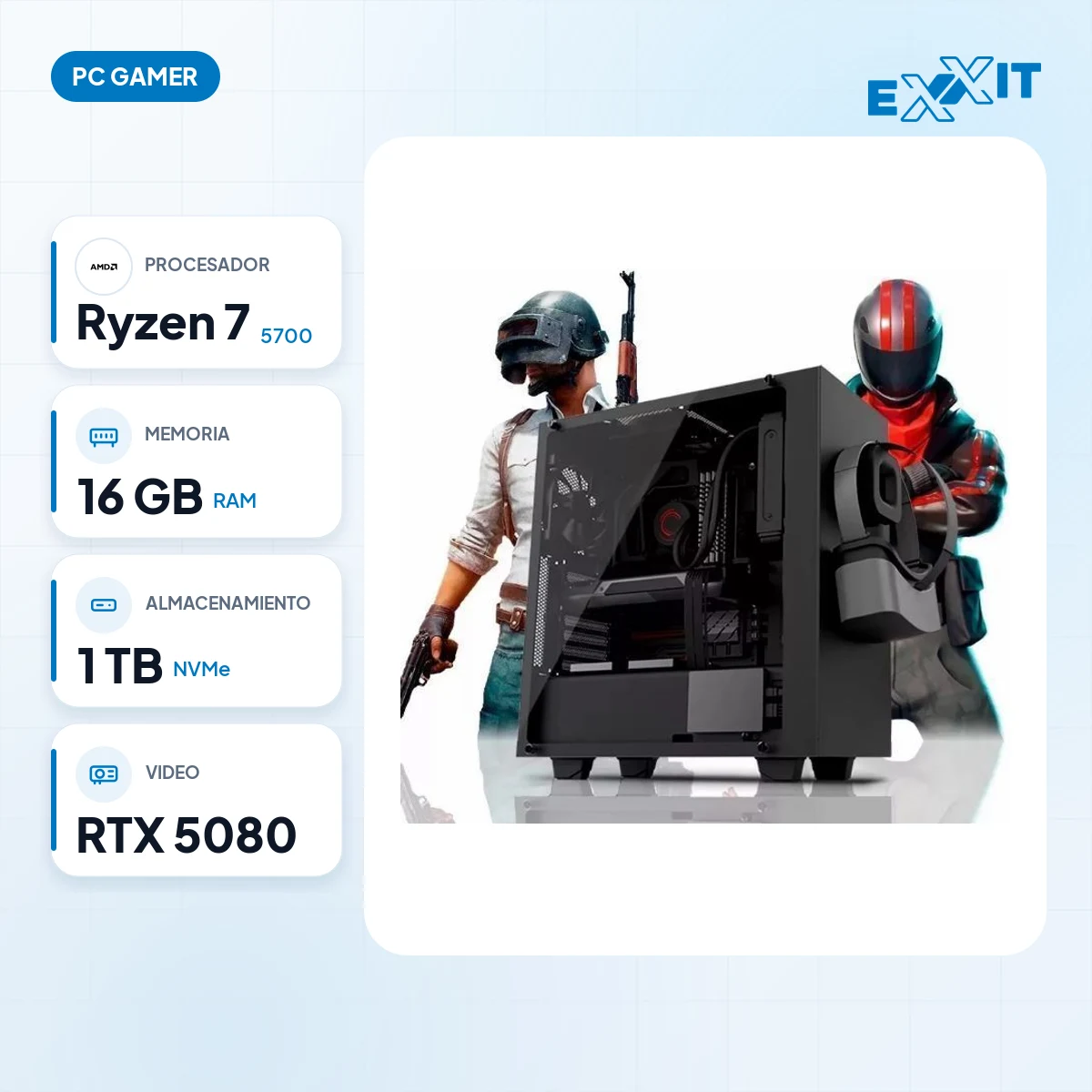 PC GAMER AMD RYZEN 7 5700+B550+16GB+1TB M.2 NVME+RTX 5080+GABINETE GAMER+FUENTE CERTIFCADA GOLD: características