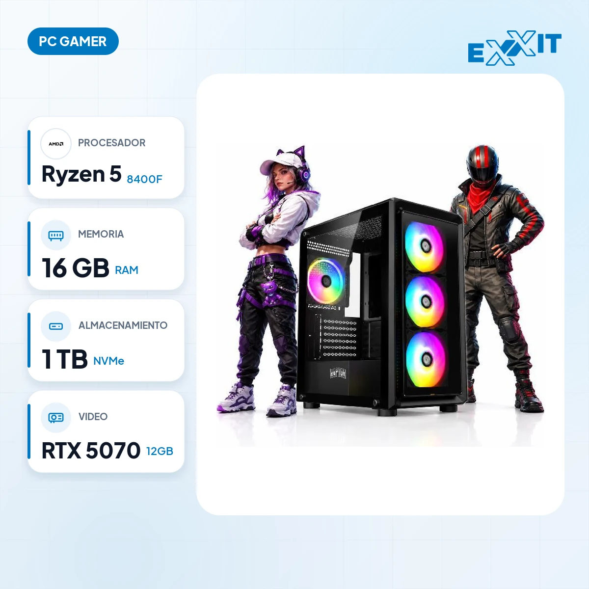 PC GAMER AMD RYZEN 5 8400F+A620+16GB+1TB M.2 NVME+RTX 5070 12GB+GABINETE RAPTOR INFINITY GLASS+750W: características