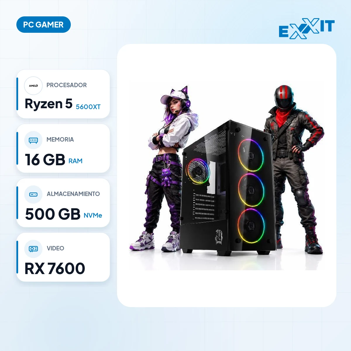 PC GAMER AMD RYZEN 5 5600XT+A520+16GB+500GB M.2 NVME+RADEON 7600+GABINETE RAPTOR SENTINEL 4FAN RGB: características