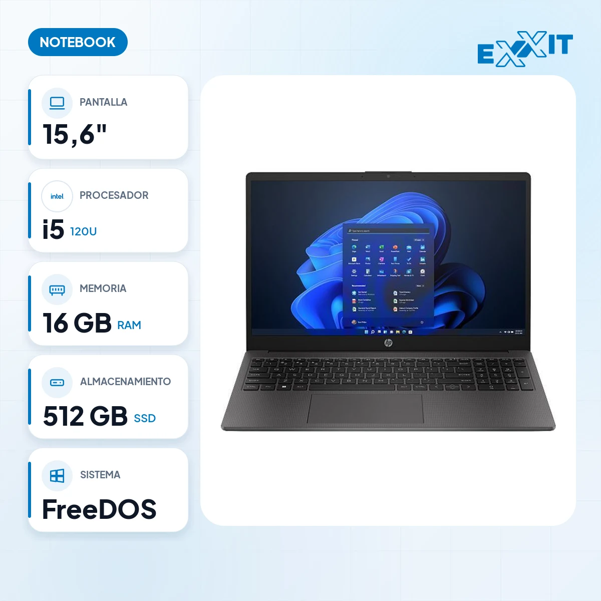 Notebook HP 15.6" 250R G10 i5-120U 16GB ampliable hasta 32GB 512GB HD free