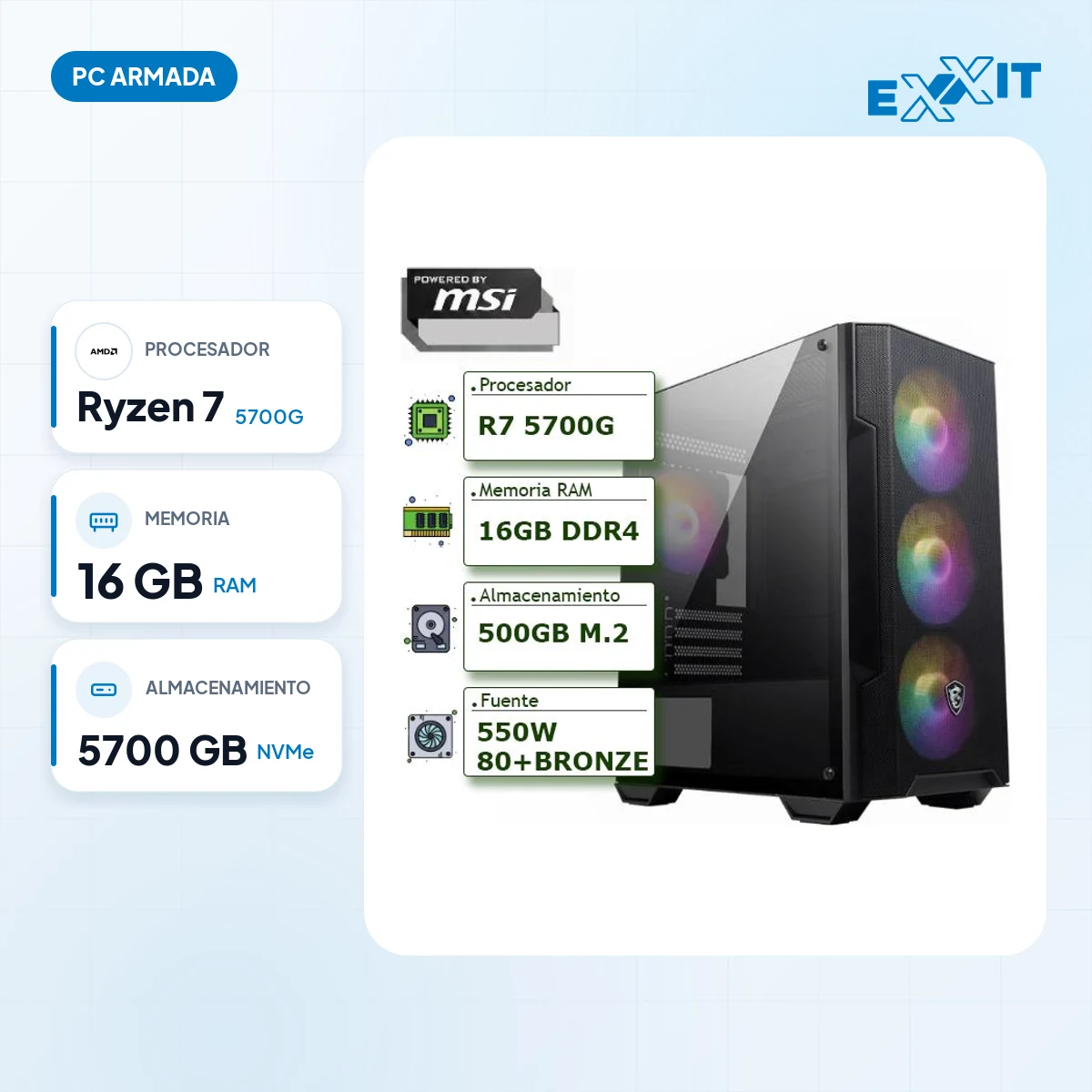 PC POWERED BY MSI - AMD RYZEN 7 5700G+A520+16GB+500GB M.2 NVME+GABINETE MSI+FUENTE CERTIFICADA: características